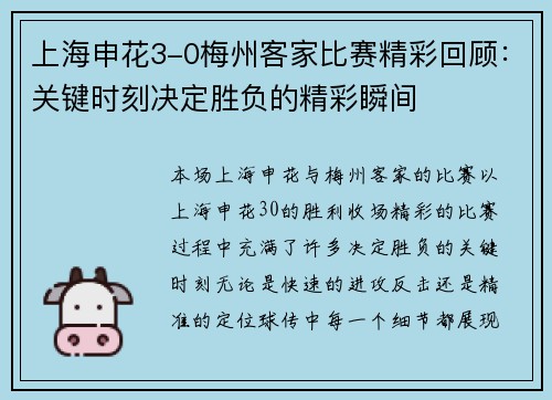 上海申花3-0梅州客家比赛精彩回顾：关键时刻决定胜负的精彩瞬间